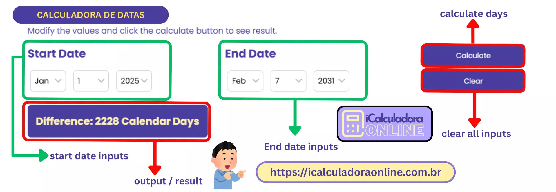 Interface da calculadora de datas mostrando data inicial e dias para somar ou subtrair