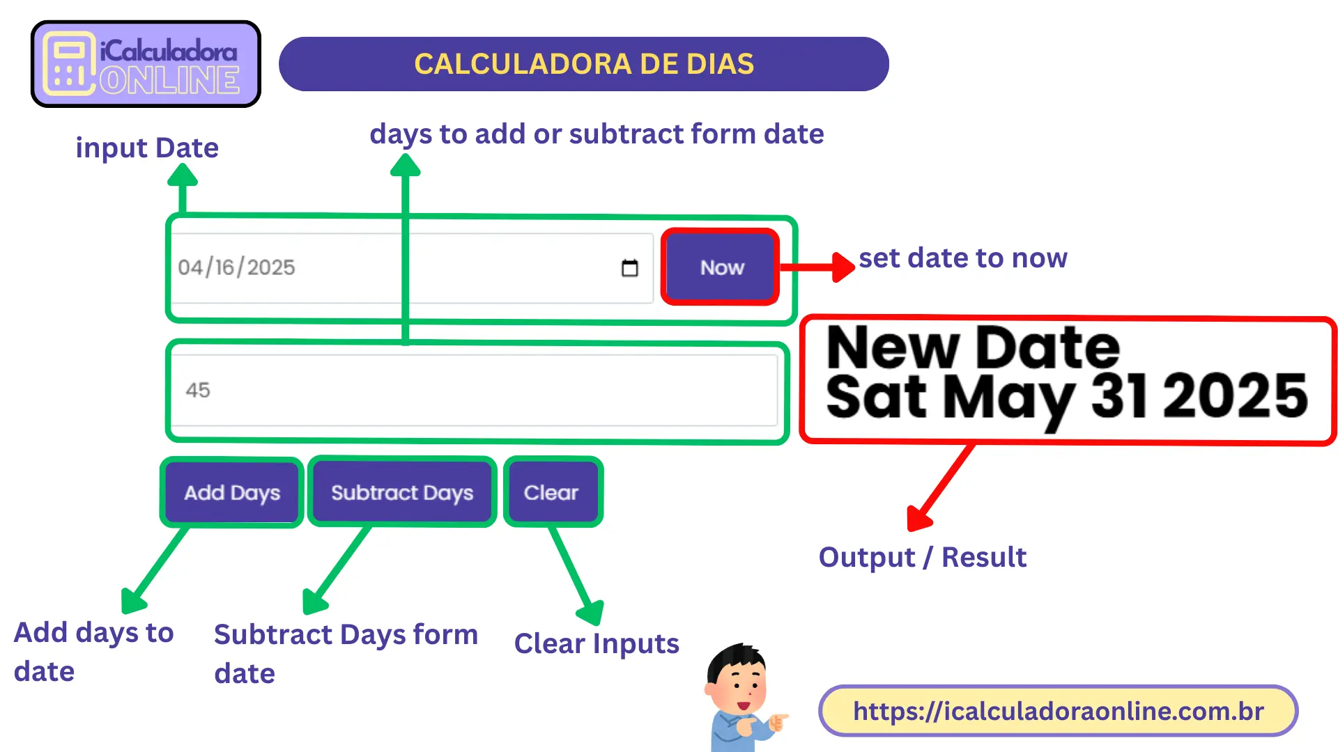 Interface da calculadora de dias mostrando campos de data inicial e final