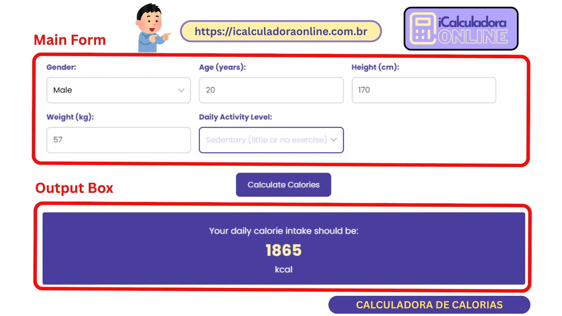Interface da Calculadora de Calorias com campos para idade, peso, altura e nível de atividade.