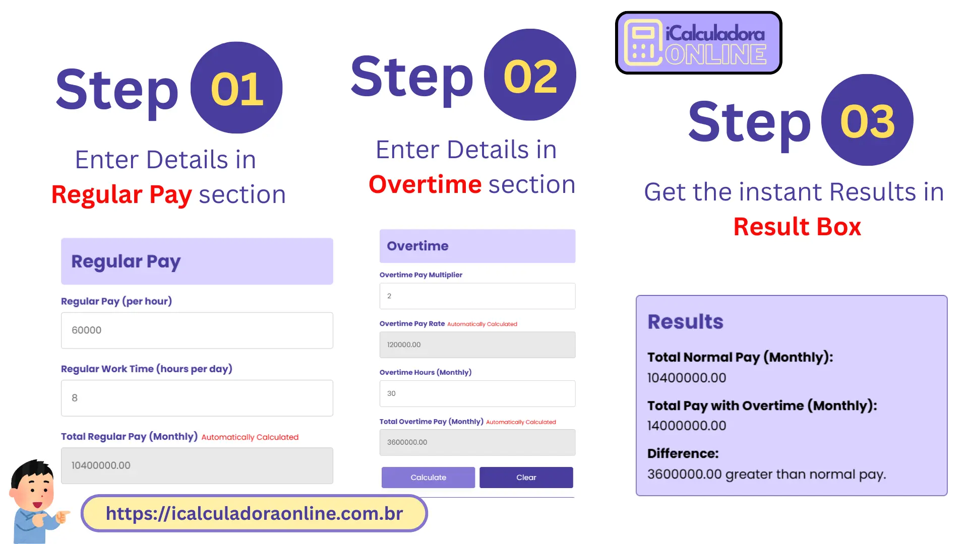 Interface da calculadora de horas extras com campos de entrada de horas e salário