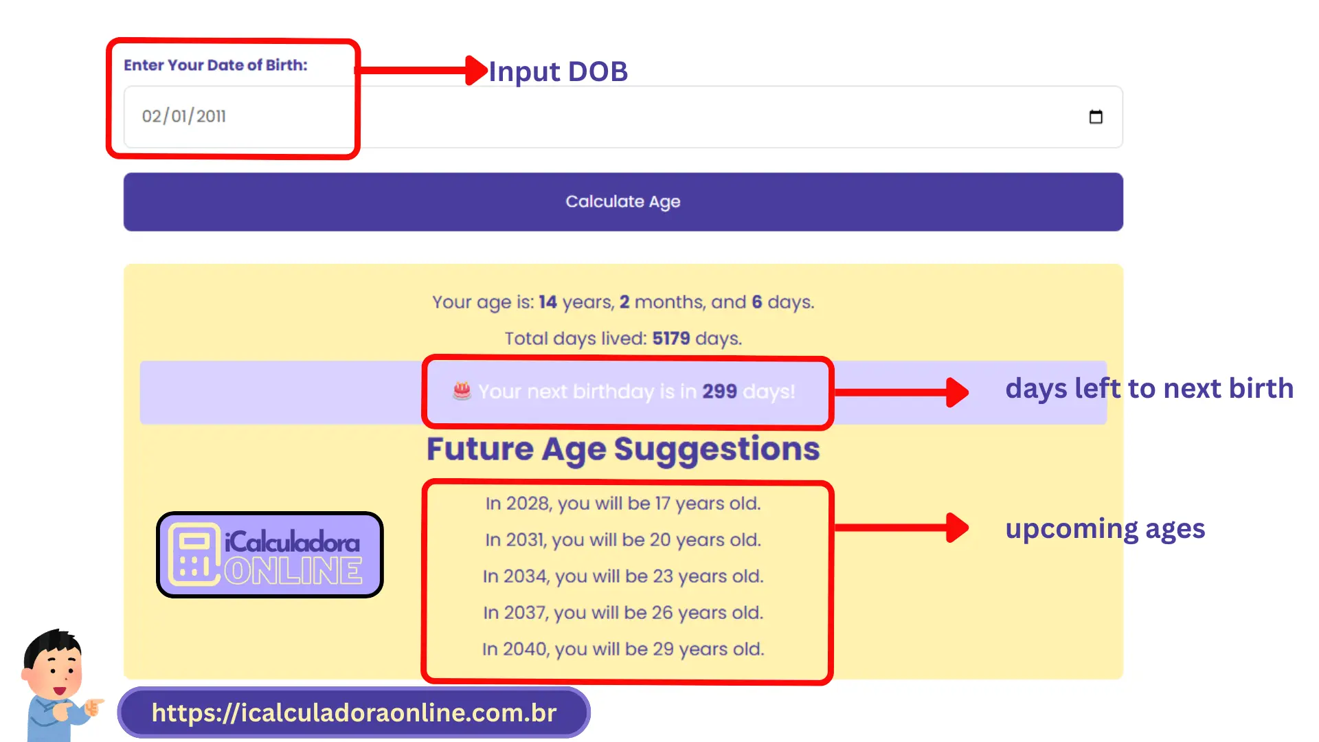 Interface da calculadora de idade com campo de data de nascimento