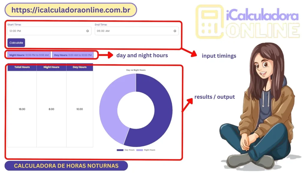 Calculadora de Horas Noturnas online para cálculo rápido de horas de trabalho à noite.
